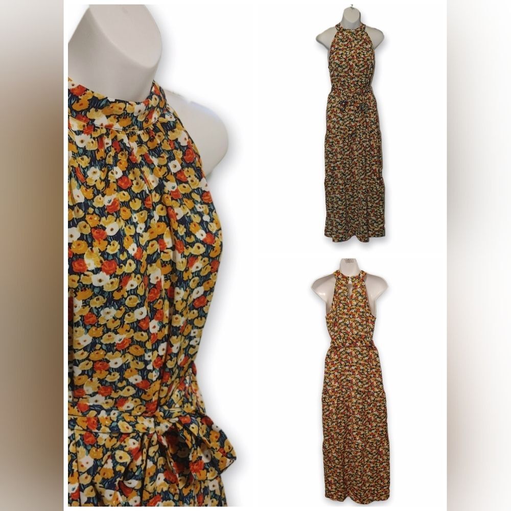 Bebreez Red and Yellow Floral Tiered Grecian Maxi Dress - Medium